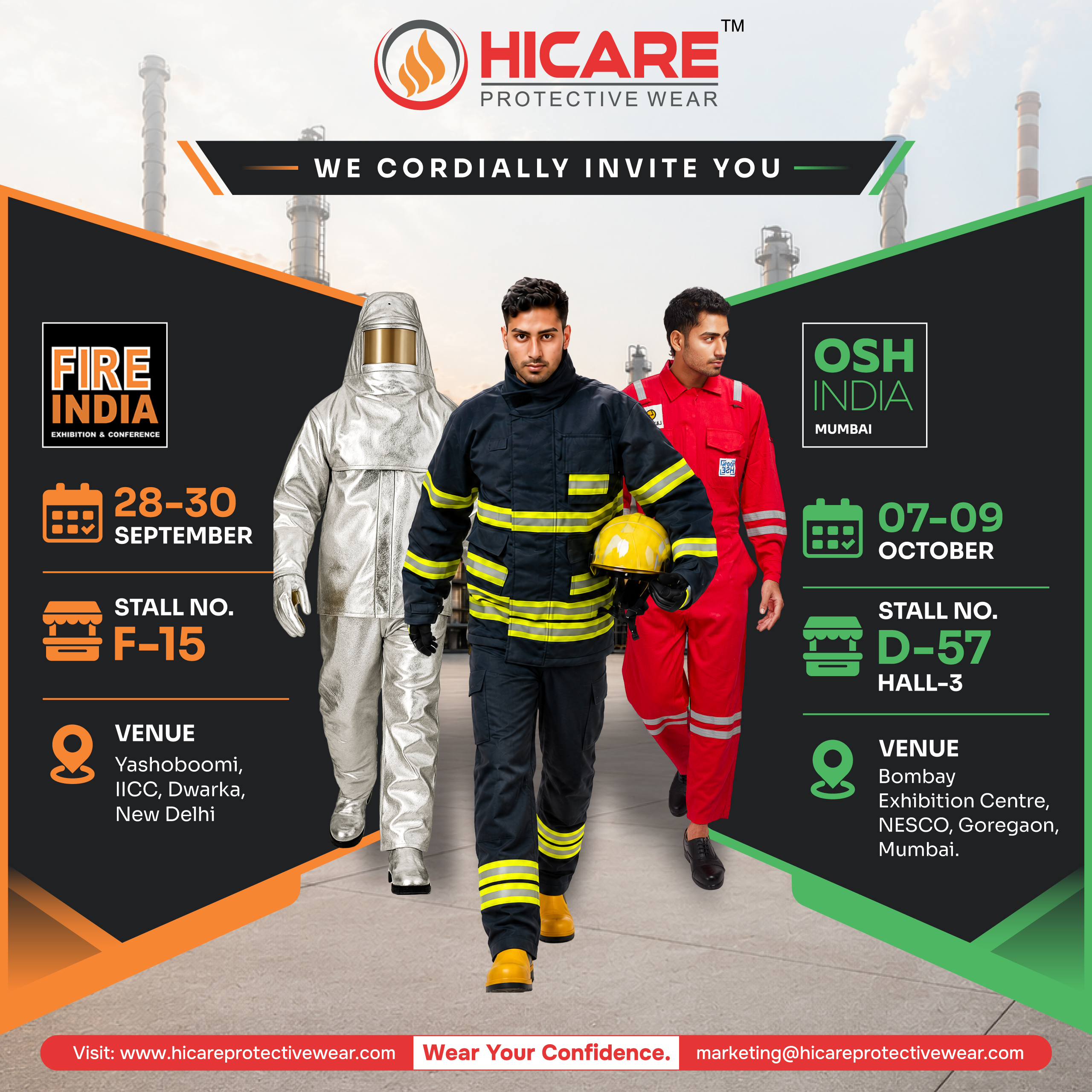 Hicare Protective Wear invitation for Fire India and OSH India exhibitions